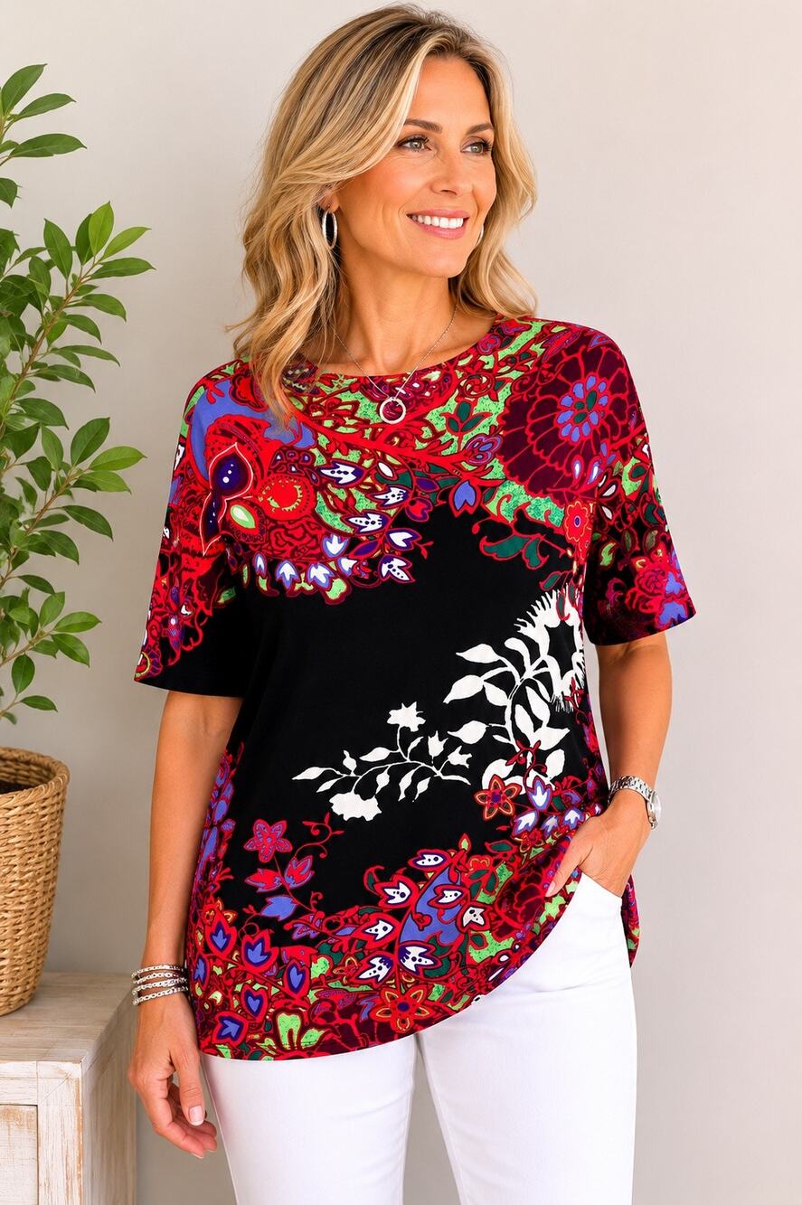 Floral Contrast Short-Sleeve Blouse in Black and Red